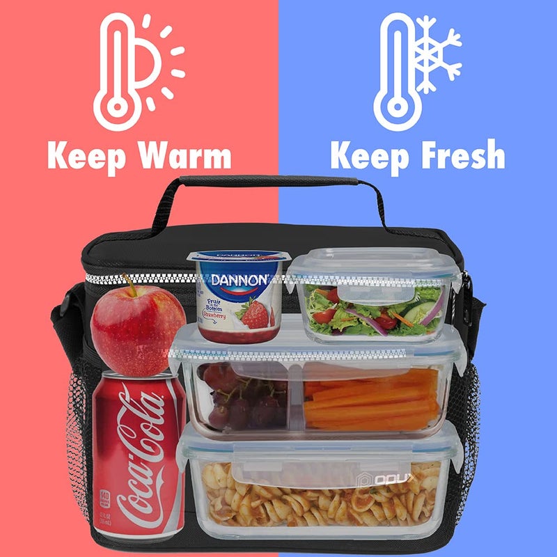 opux Insulated Lunch Box Men Women, Lunch Bag for Work School, Leakproof Soft Cooler Tote Adult, Large Lunch Pail Kids Boys Girls, Picnic Beach Food Bag with Shoulder Strap, Black - Image 2